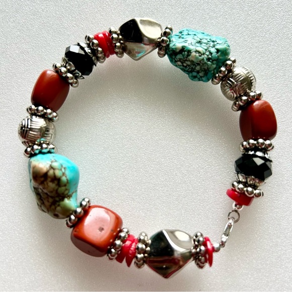 Turquoise and Carnelian Nuggets with Coral Colored Heishi Beads and Black Glass - Picture 2 of 8